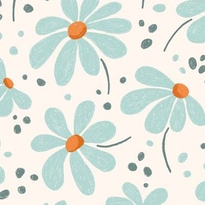 Pale teal cute retro daisies drawn in chalk on light background