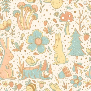 Cute dawn in the forest, mushrooms, bunnies and flowers