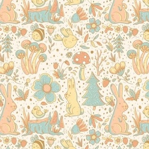 Cute dawn in the forest, mushrooms, bunnies and flowers - S