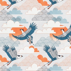 Bold Oriental Style Secretary Birds - Soft Blue and Orange Skies - Small Scale