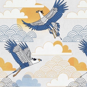 Bold Oriental Style Secretary Birds - Soft Skies - Medium Scale