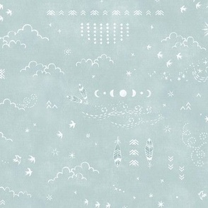 Feathers and Birds in White on Sea Mist (small scale) | Hand drawn bird fabric in blue green, feather pattern, clouds, stars, moon and sun in fresh white on a light turquoise linen pattern.