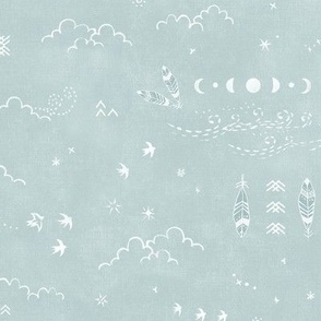 Feathers and Birds in White on Sea Mist | Hand drawn bird fabric in blue green, feather pattern, clouds, stars, moon and sun in fresh white on a light turquoise linen pattern.
