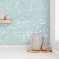 Feathers and Birds in White on Sea Mist (large scale) | Hand drawn bird fabric in blue green, feather pattern, clouds, stars, moon and sun in fresh white on a light turquoise linen pattern.