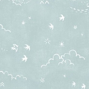 Feathers and Birds in White on Sea Mist (large scale) | Hand drawn bird fabric in blue green, feather pattern, clouds, stars, moon and sun in fresh white on a light turquoise linen pattern.