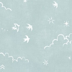 Feathers and Birds in White on Sea Mist (xl scale) | Hand drawn bird fabric in blue green, feather pattern, clouds, stars, moon and sun in fresh white on a light turquoise linen pattern.