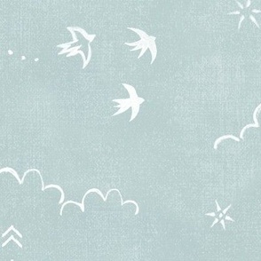 Feathers and Birds in White on Sea Mist (xxl scale) | Hand drawn bird fabric in blue green, feather pattern, clouds, stars, moon and sun in fresh white on a light turquoise linen pattern.
