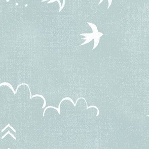 Feathers and Birds in White on Sea Mist (xxxl scale) | Hand drawn bird fabric in blue green, feather pattern, clouds, stars, moon and sun in fresh white on a light turquoise linen pattern.