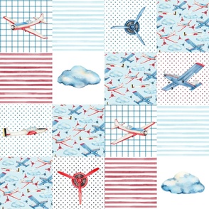 Bigger Patchwork 6" Squares Soaring Vintage Airplanes on White for Cheater Quilt or Blanket