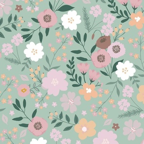 sweet summer floral on sea green large scale
