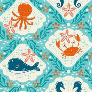 cute coastal design for kids with octopus, whales and crabs in seash