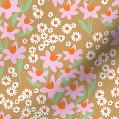 Romantic colorful ditsy flower patches - daisies and daffodils springtime blossom flowers retro bright pink tangerine orange jade green on caramel 