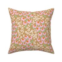 Romantic colorful ditsy flower patches - daisies and daffodils springtime blossom flowers retro bright pink tangerine orange jade green on caramel 