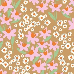 Romantic colorful ditsy flower patches - daisies and daffodils springtime blossom flowers retro bright pink tangerine orange jade green on caramel 