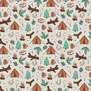 Winter wonderland camping trip outside adventures with campfire marshmallows and hot chocolate pine tree forest and wood logs mint green vintage orange caramel on beige sand SMALL