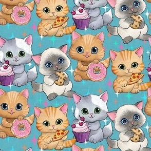 Cute Retro Kittens with Cupcakes, Cookies and More on Blue - small