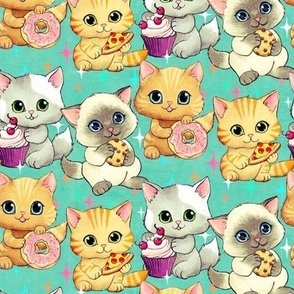 Cute Retro Kittens with Cupcakes, Cookies and More - small, teal