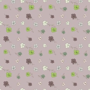 Tossed flowers with green, purple, light pink, off white, lime, gray, light gray, on neutral, light champagne gray - small scale print