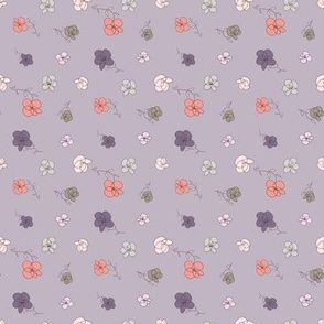  Tossed flowers, orange, purple, green, olive, off white, light green, light pink, on lavender- small scale print