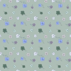 Tossed flowers with blue, green, purple, pink, light pink, light blue, on neutral, warm gray - small print