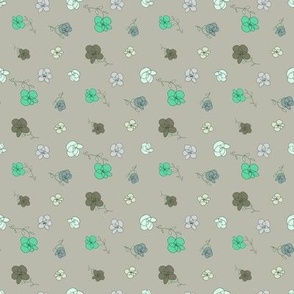  Tossed flowers with green, brown, gray, light blue, off white, lavender, on neutral, gray - small scale print