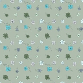 Tossed flowers with turquoise, blue, purple, olive, green, light pink, off white, on neutral, warm gray - small scale print 
