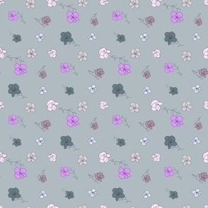  Tossed flowers with rose, pink, green, gray, tan, light blue, lavender, on gray- small print 