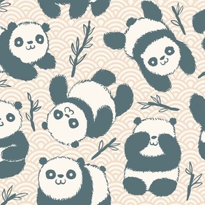 Cute kawaii pandas with bamboo in asian style.