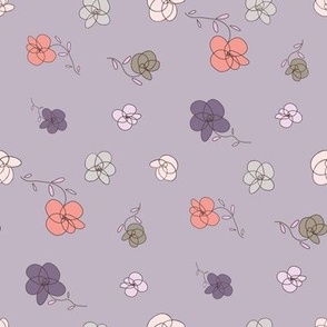 Tossed flowers, orange, purple, green, olive, off white, light green, light pink, on lavender - medium scale print