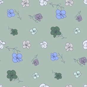  Tossed flowers with blue, green, purple, pink, light pink, light blue, on neutral, warm gray - medium scale print 