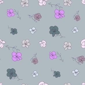 Tossed flowers with rose, pink, green, gray, tan, light blue, lavender, on gray - medium print