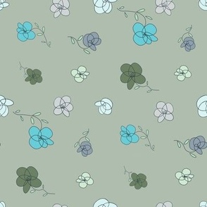 Tossed flowers with turquoise, blue, purple, olive, green, light pink, off white, on neutral, warm gray - medium scale print 