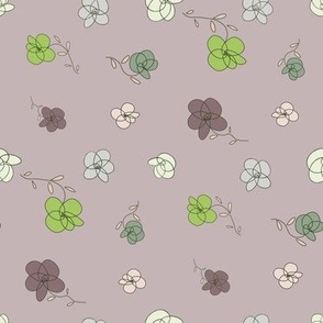 Tossed flowers with green, purple, light pink, off white, lime, gray, light gray, on neutral, light champagne gray - medium scale print