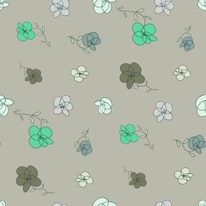  Tossed flowers with green, brown, gray, light blue, off white, lavender, on neutral, gray- medium scale print 