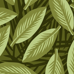 Woodcut tropical jungle foliage leaves lounge  - green - large