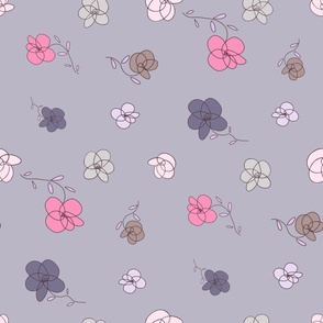 Tossed flowers with pink, purple, brown, lavender, light green, on lavender  - large scale print