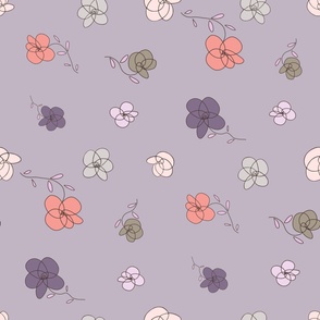 Tossed flowers, orange, purple, green, olive, off white, light green, light pink, on lavender - large  scale print