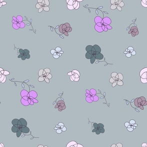 Tossed flowers with rose, pink, green, gray, tan, light blue, lavender, on gray - large print