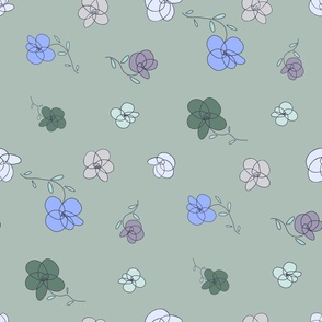Tossed flowers with blue, green, purple, pink, light pink, light blue, on neutral, warm gray - large scale print 