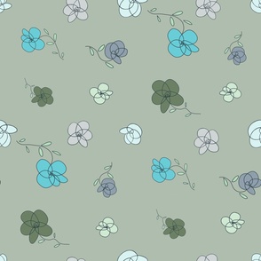  Tossed flowers with turquoise, blue, purple, olive, green, light pink, off white, on neutral, warm gray - large scale print