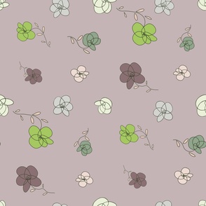 Tossed flowers with green, purple, light pink, off white, lime, gray, light gray, on neutral, light champagne gray  - large scale print 