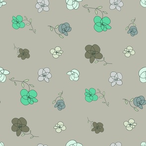 Tossed flowers with green, brown, gray, light blue, off white, lavender, on neutral, gray - large scale print 