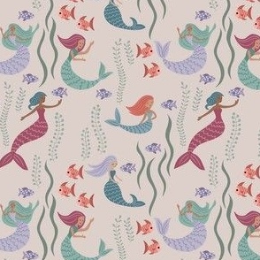 Colorful Mermaids and Tropical Fish with Seaweed - sand and pastels - shw1045 - small scale