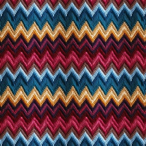 Textile Art Moroccan Zigzag Chevron in Red, Blue and Gold