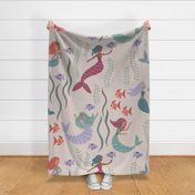 Colorful Mermaids and Tropical Fish with Seaweed - sand and pastels - shw1045 - large scale