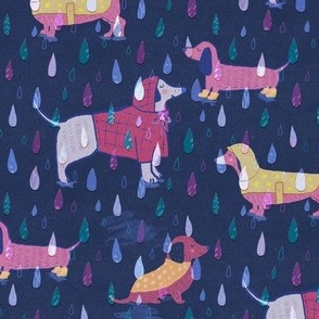 Dogs in Raincoats and Wellies - Rainbow Rain on Midnight Navy Blue