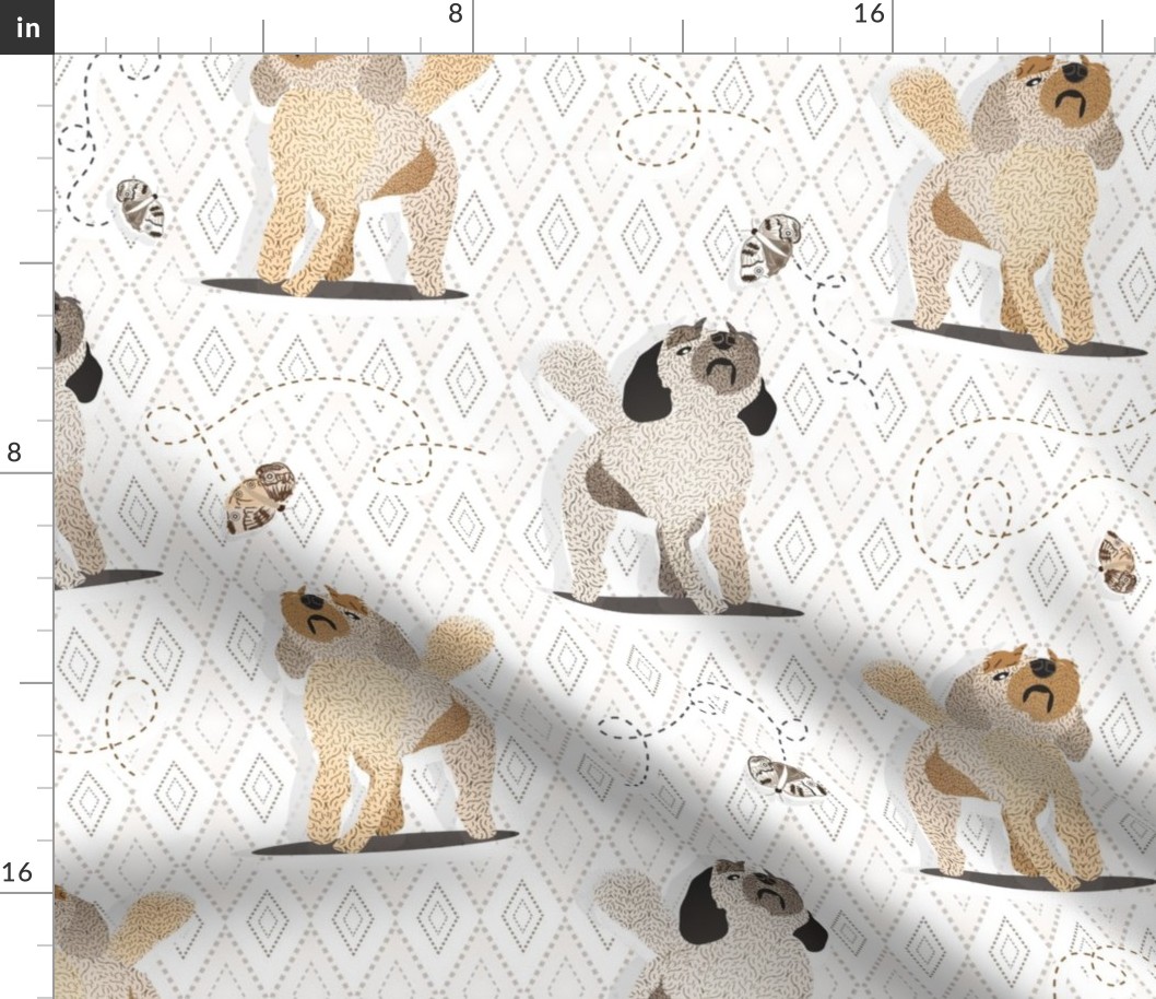 Keep Your Chin Up!  Doodle Dogs, Doodles and Butterflies, White—Dog, Puppy, Cute, Cuter, Cutest, Kids Sheets, Argyle, Diamond, Neutral, Brown, Beige, Tan, Gray, Grey, Spring, Fun, Whimsical, Children, Child, Nursery, tween spirit bedding, kids sheets, duv