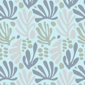 Matisse-inspired Serenity Free Form Cut Out Shapes Pattern In Blue Beige Grey And Green Smaller Scale