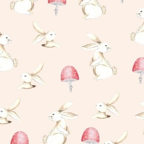 rabbit and mushrooms on solid pink-background