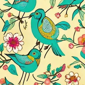 Green birds on beige background